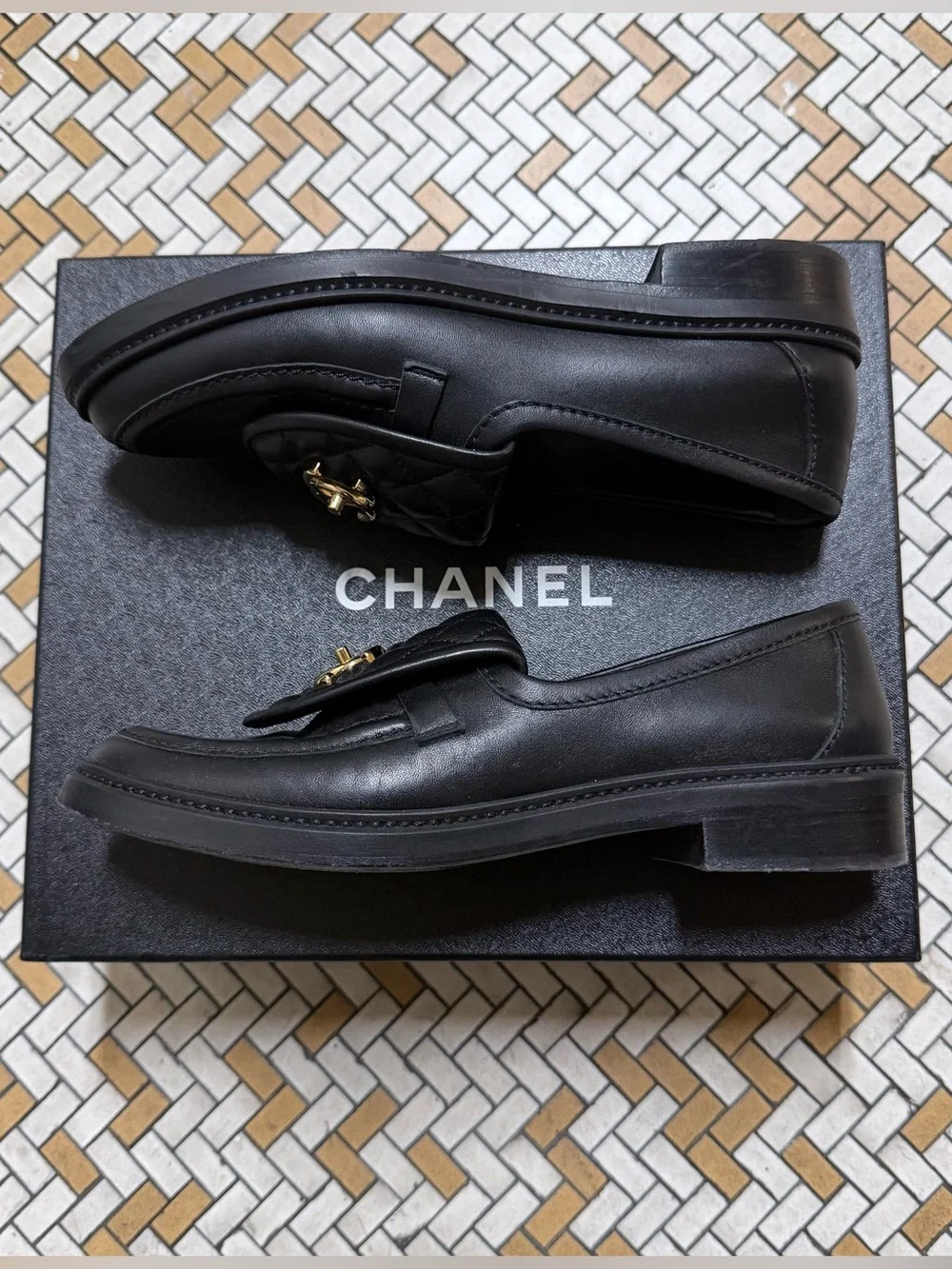 CHANEL Black Quilted Leather Loafers Gold CC Emblem